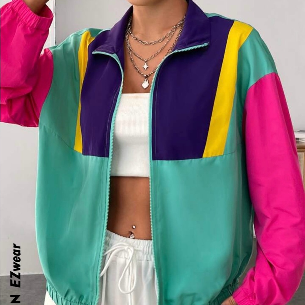 Shein | Medium Colorblock Drop Shoulder Jacket - Pink, Purple, Yellow, and Green